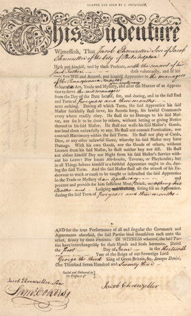 A document of Jacob Ehrenzeller's indenture for apprenticeship